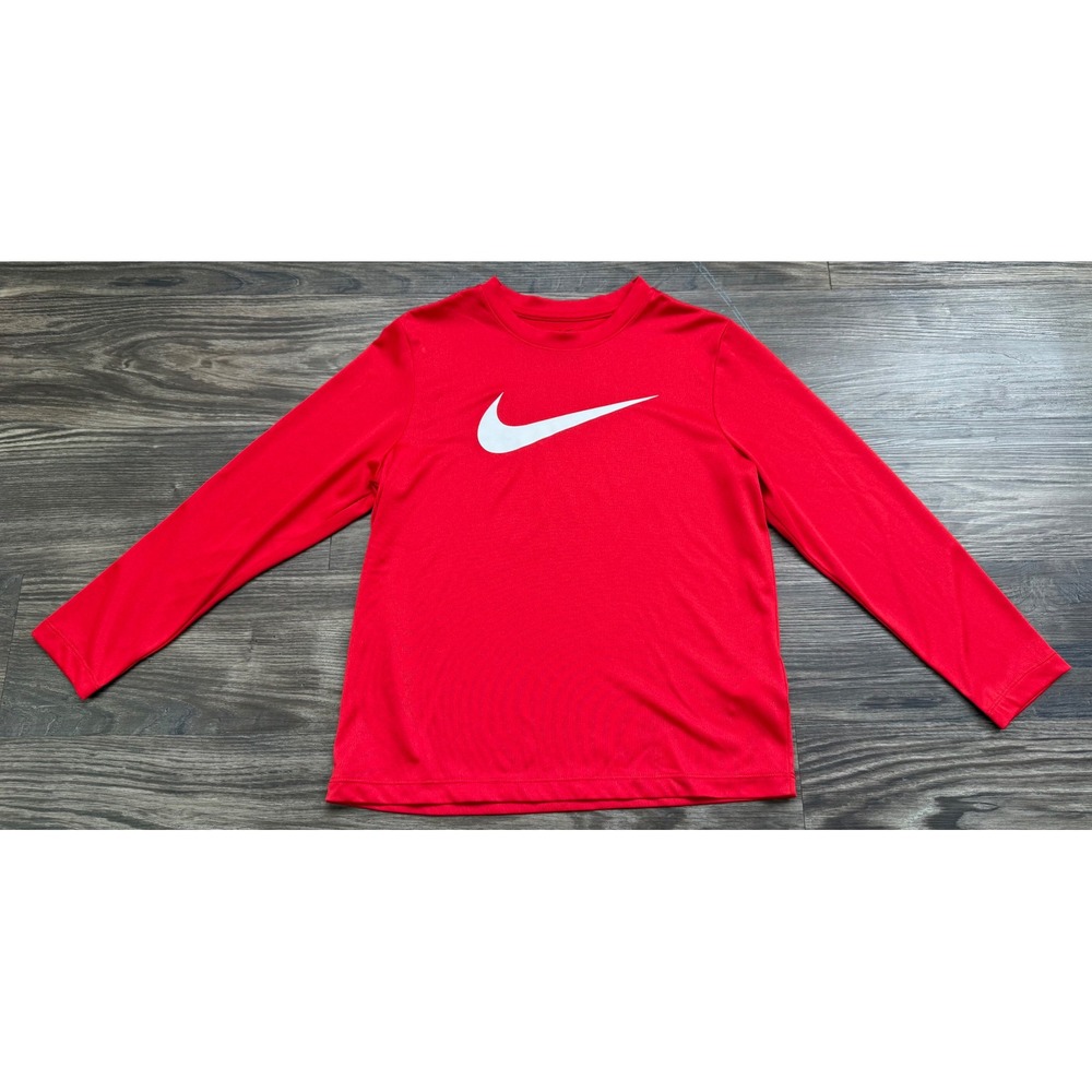 Nike Dri-FIT Long Sleeve Shirt Kids Small plus Red Swoosh Athletic Tee Perform